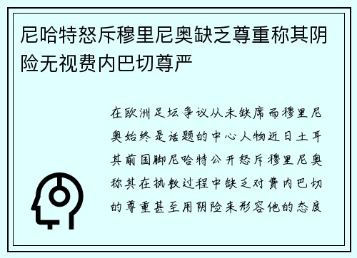 尼哈特怒斥穆里尼奥缺乏尊重称其阴险无视费内巴切尊严 尼哈特怒斥穆里尼奥缺乏尊重称其阴险无视费内巴切尊严